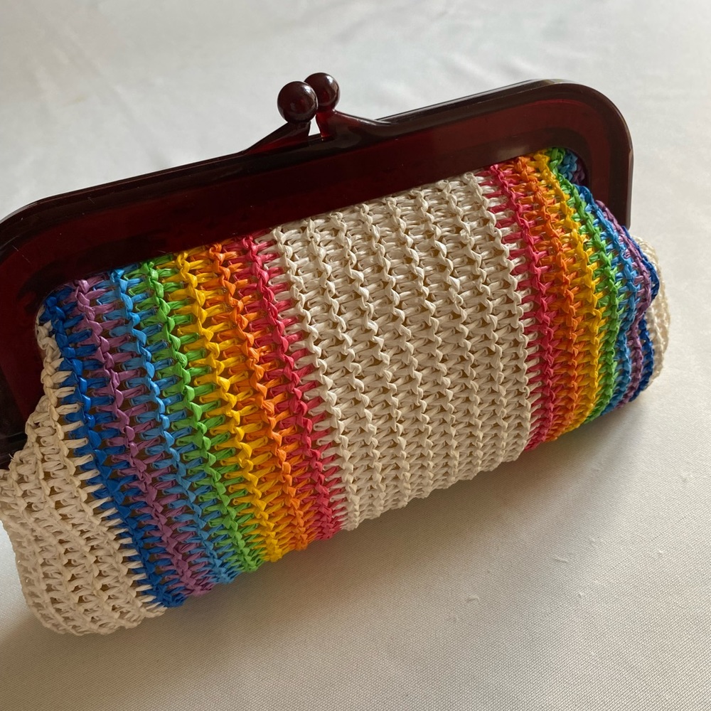 Vintage 1970's Rainbow Pride Hippie Crochet Hand Made Clutch 10in wide 7" length